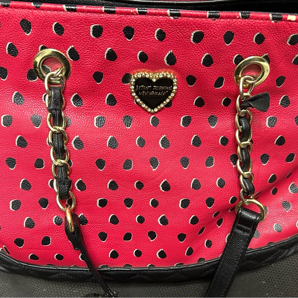 Betsey Johnson Red and Black Strawberry Tote with Gold Accents